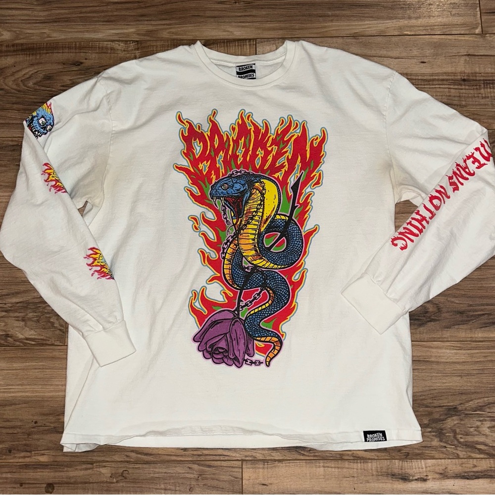 White Long Sleeve Tee with Snakes and Skulls